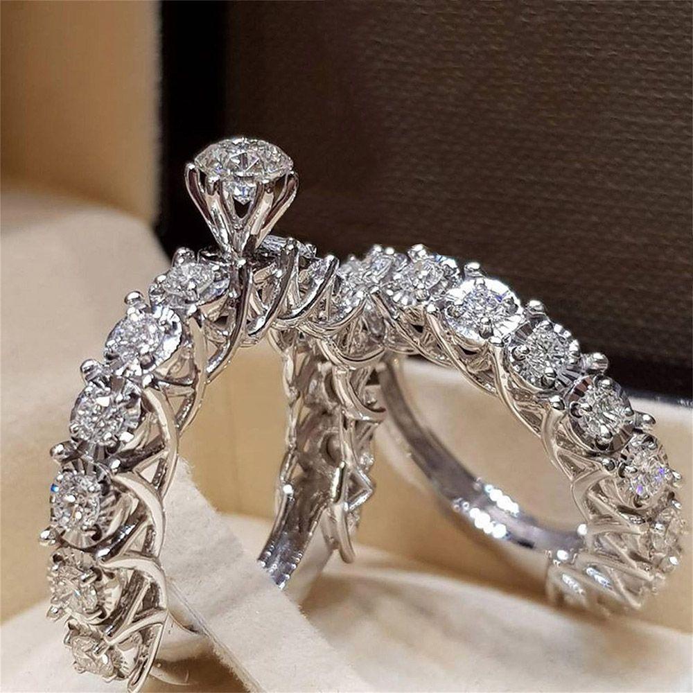 Lily 2PCS Cincin Pasangan Perlengkapan Pesta Klasik Berlian Imitasi Perhiasan Aksesoris