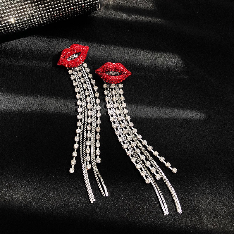 Anting Tusuk Sterling Silver 925 Model Bibir Merah Api Dengan Rumbai Panjang Untuk Wanita