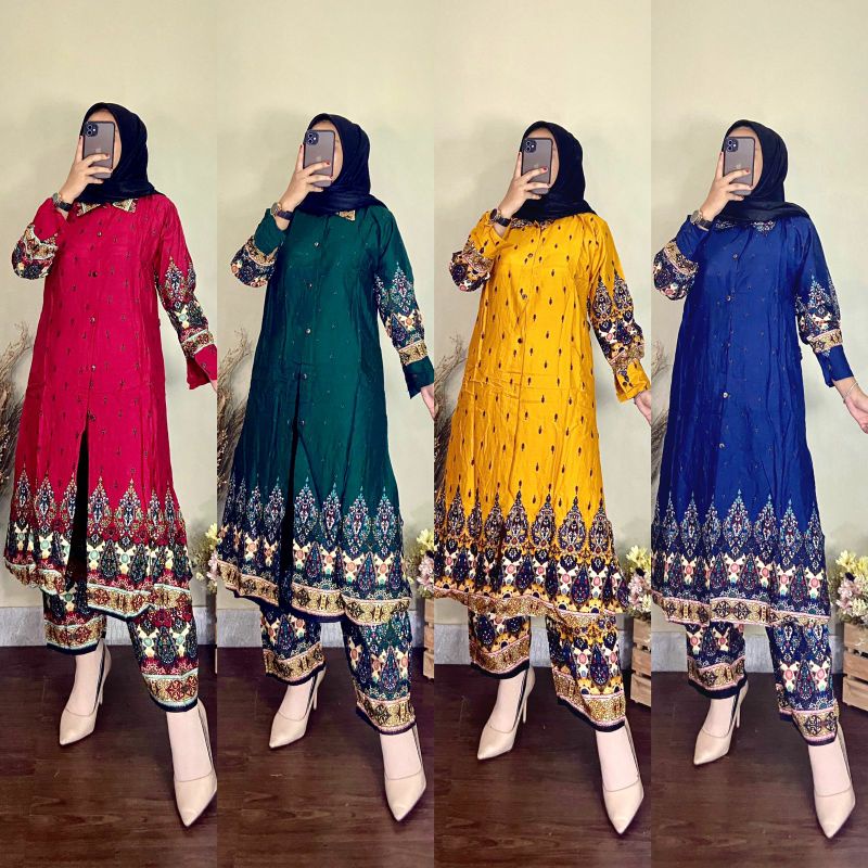 (Bisa COD)One Set Rayon Prada Terbaru/Setelan Long Tunik Sultan Rayon Prada/Setcel Hindi/Oneset Indi