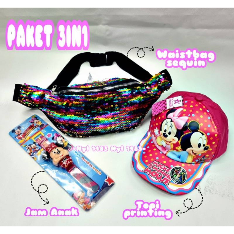 PAKET MURAH 3IN1 WAISTBAG SEQUINN \ TOPI PRINTING \ JAM TANGAN LED ANAK CEWE