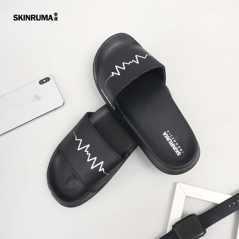 Sendal Selop Casual Pria SKINRUMA Heart Beat Motive Hitam / Sendal Slide Pria / Sendal Slip On Pria