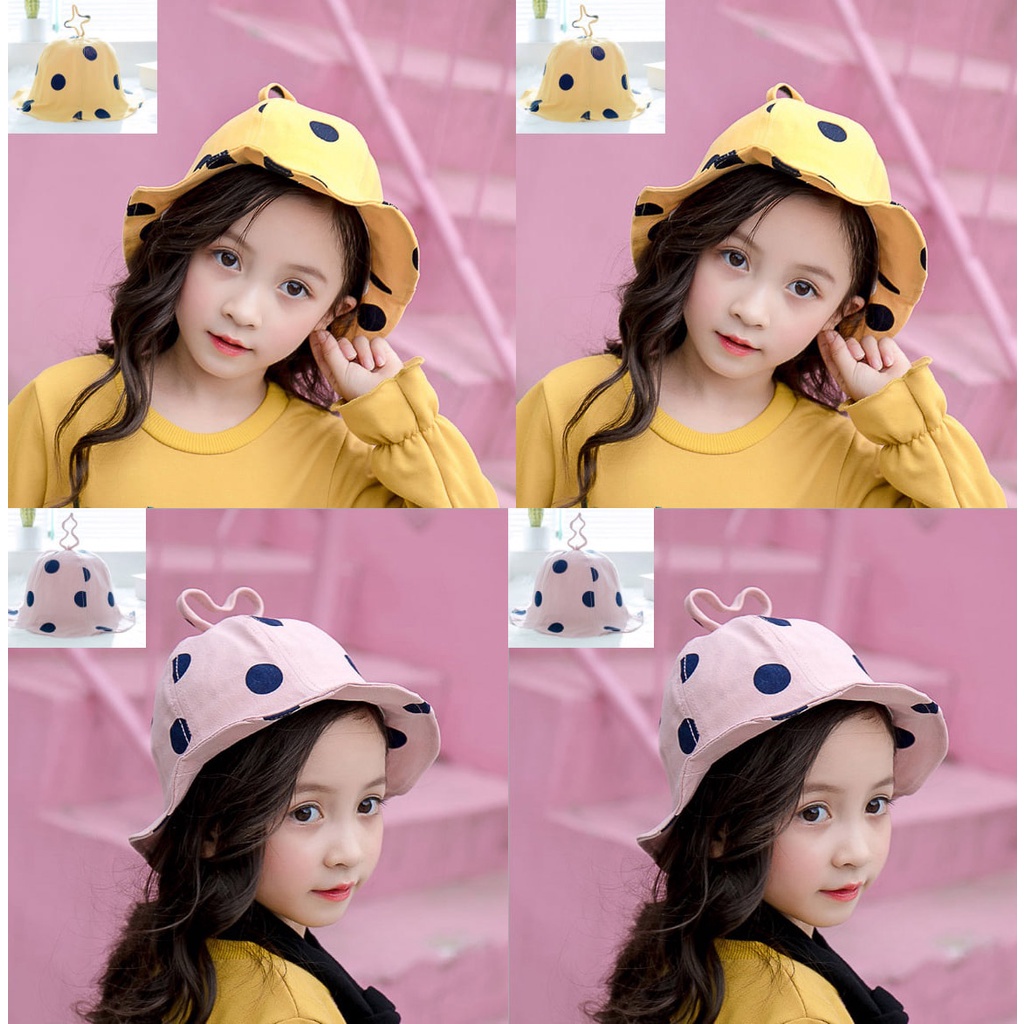 Topi Bucket Hat Anak Perempuan Import Polkadot PINK/YELLOW