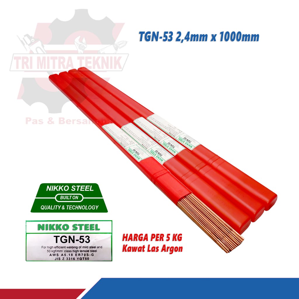 Kawat Las argon TGN-53 2,4mm X 1000mm Nikko Steel Harga Per 5Kg Kemasan Bok Plastik Merah