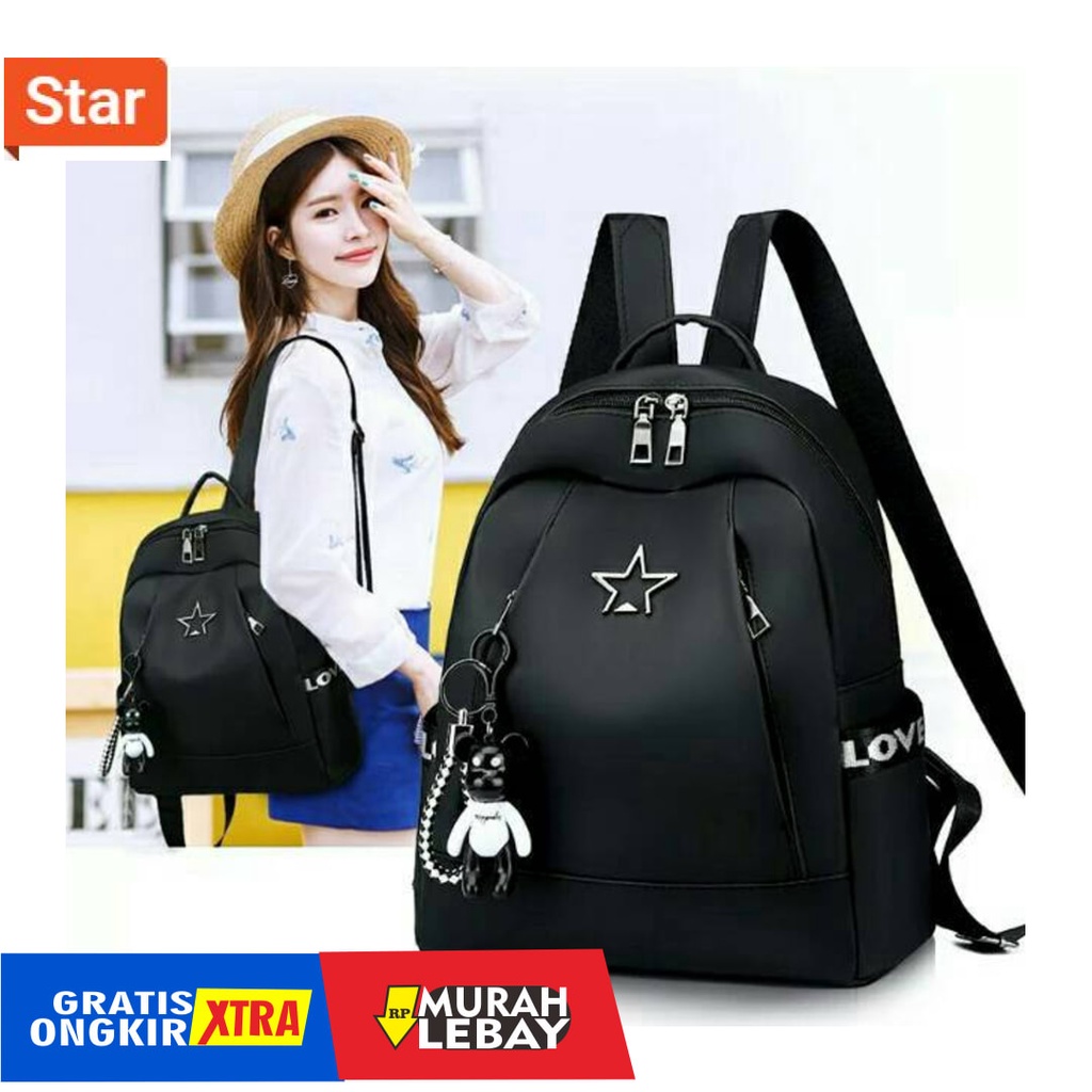 model tas wanita terbaru 2021- JS_TAS RANSEL ANTI AIR BACKPACK WANITA HITAM MOTIF LOVE STAR KOREA