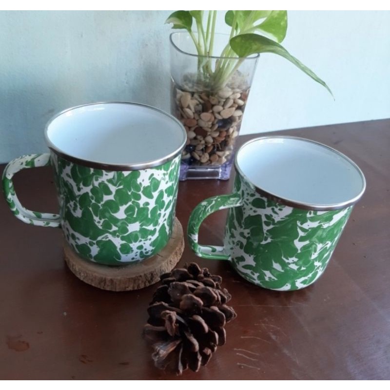 MUG ENAMEL BLURIK CANGKIR BLIRIK GELAS LORENG HIJAU HITAM 8 CM 10CM