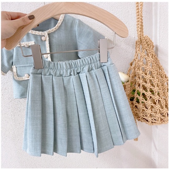 Setelan Dress BIRU POLOS ROK EMAS Anak Perempuan Import/ Gaun Pesta Baju Bayi Perempuan