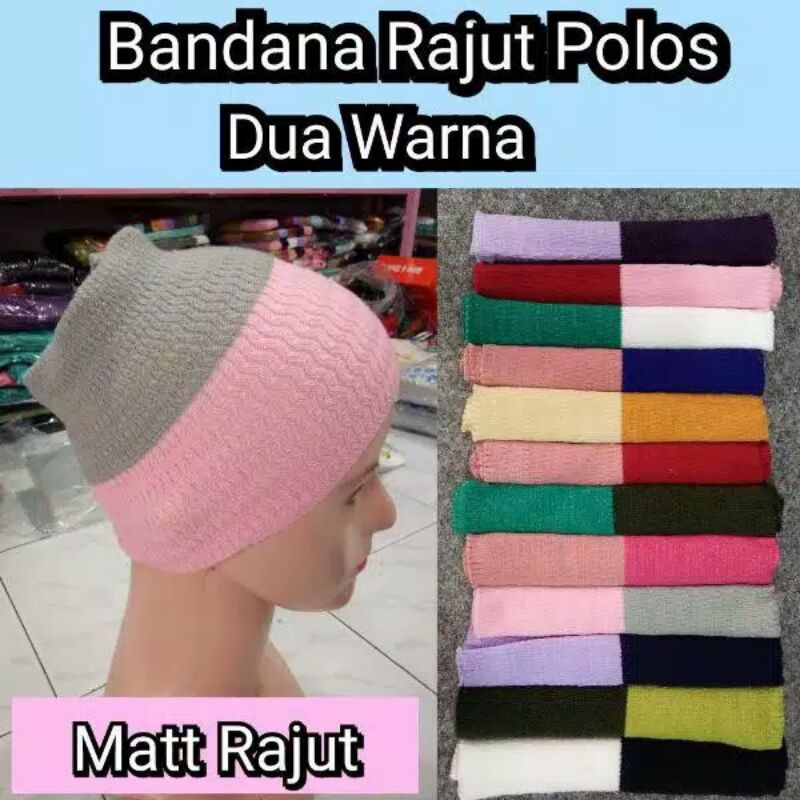 Bandana rajut polos dua warna, Daleman rajut kerudung/ hijab dua layer warna