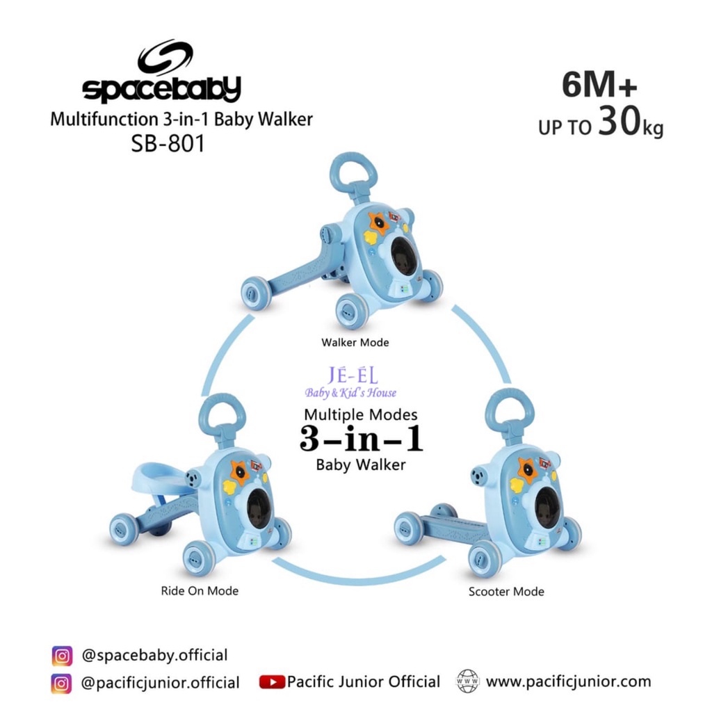 SpaceBaby Multifunction 3 in 1 Baby Walker Space Baby SB 801 Alat Belajar Jalan Dorongan Skuter