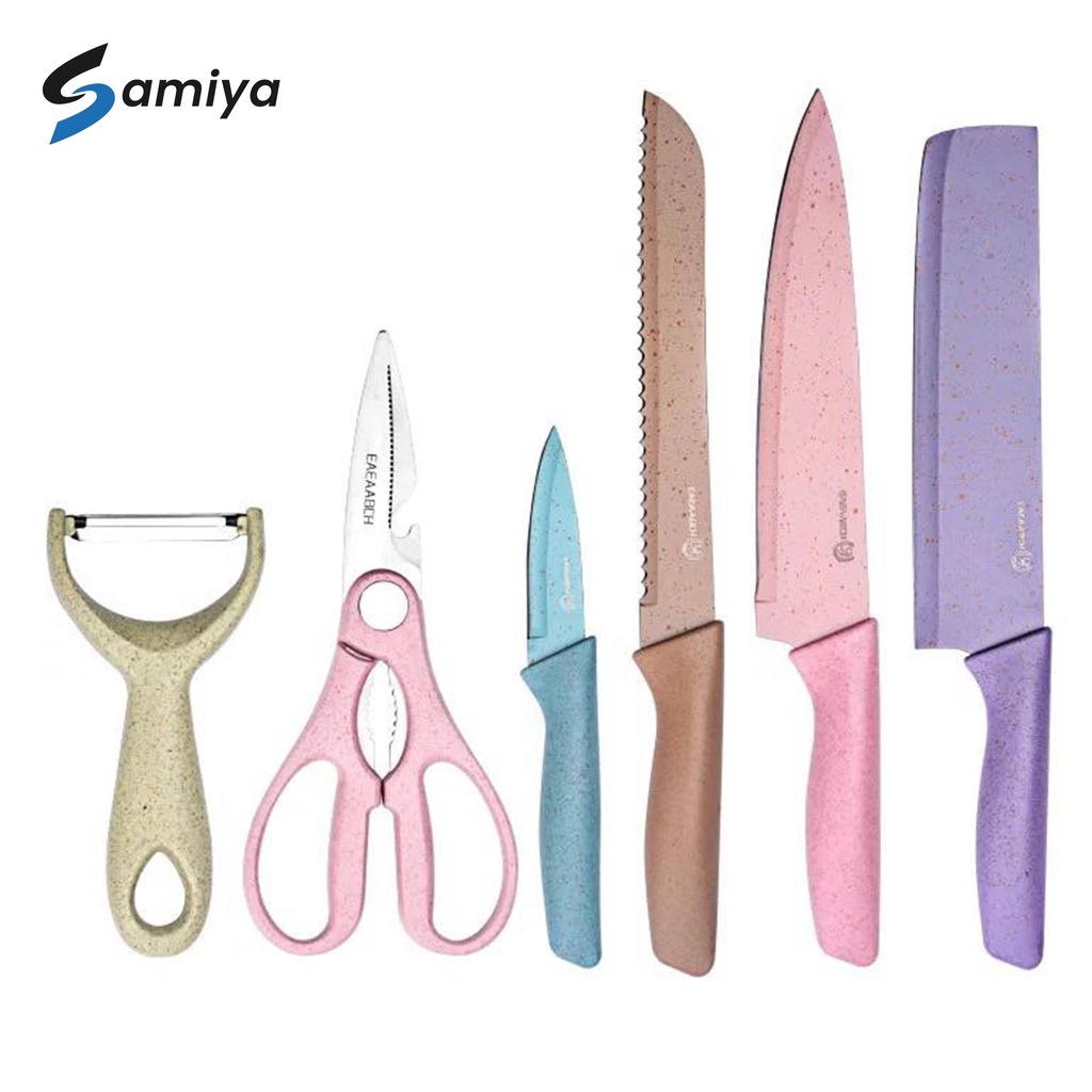 kitchen knife set wheat straw / pisau gunting dapur peeler 6in1 / pisau roti / chef knife gift box