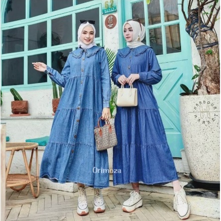 Midi Dress Jeans Terbaru/Fashion Wanita Terbaru/Mid Dress Kekinian/Dress Rempel/Moza Midi Dress