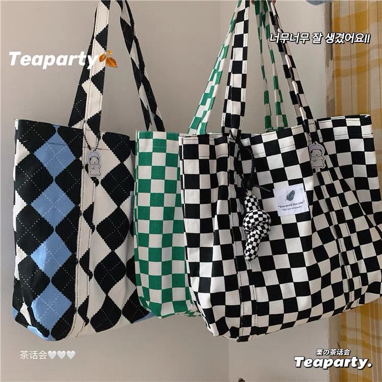 Totebag Kanvas Keren - Pola Motif Catur Tas Tote Bag Wanita Korean Style (RSL) NOH