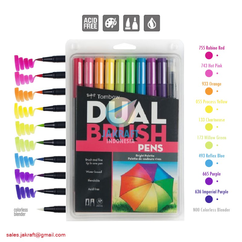 

(10 Pcs) Spidol Kuas TOMBOW ABT Set 10 Warna BRIGHT Palette Dual Brush Pen Water Based Marker