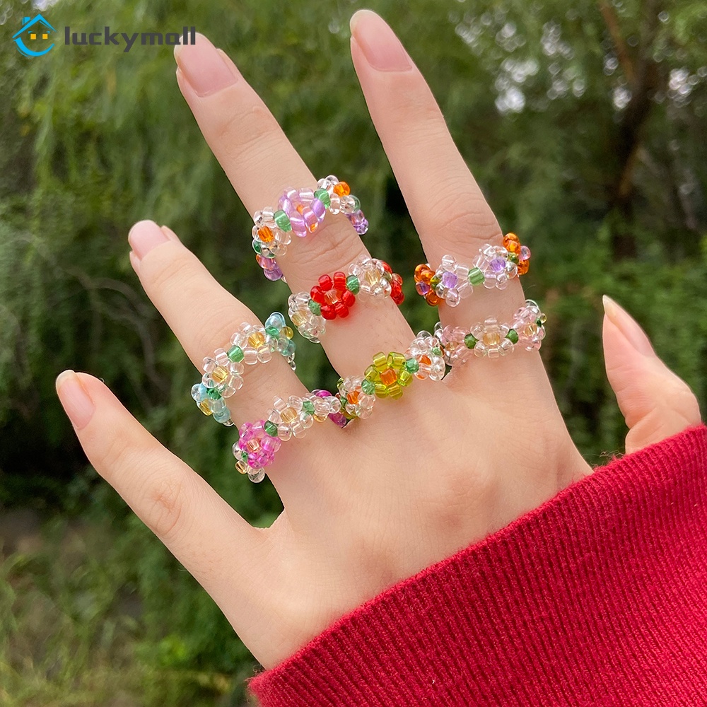 Ins Korean Colorful Beads Rings Fashion Flowers Ring Transparent Bead Women Jewelry Accessories Gift