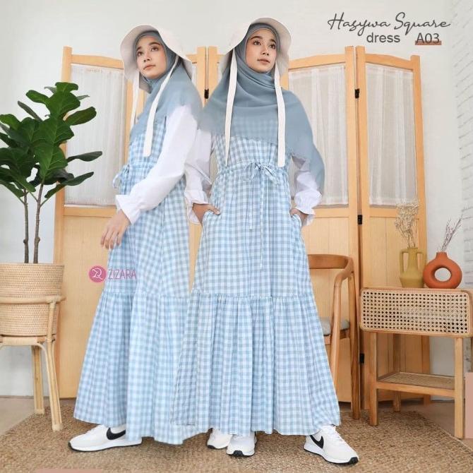 Hasywa Dress By Zizara Gamis Kombinasi Polos Kotak Serut Busui Ruffle Terbaru
