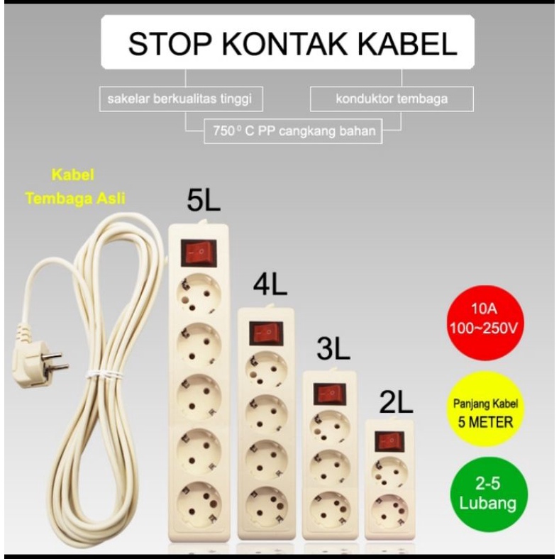 Stop Kontak Kabel 2/3/4/5 Lubang 5 Meter Stop Kontak Listrik