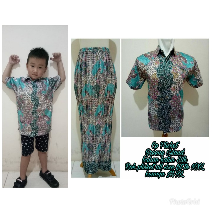 Azizah Batik Couple 3in1 Rok Plisket Panjang Dan Atasan Kemeja Pria Dan Kemeja Anak