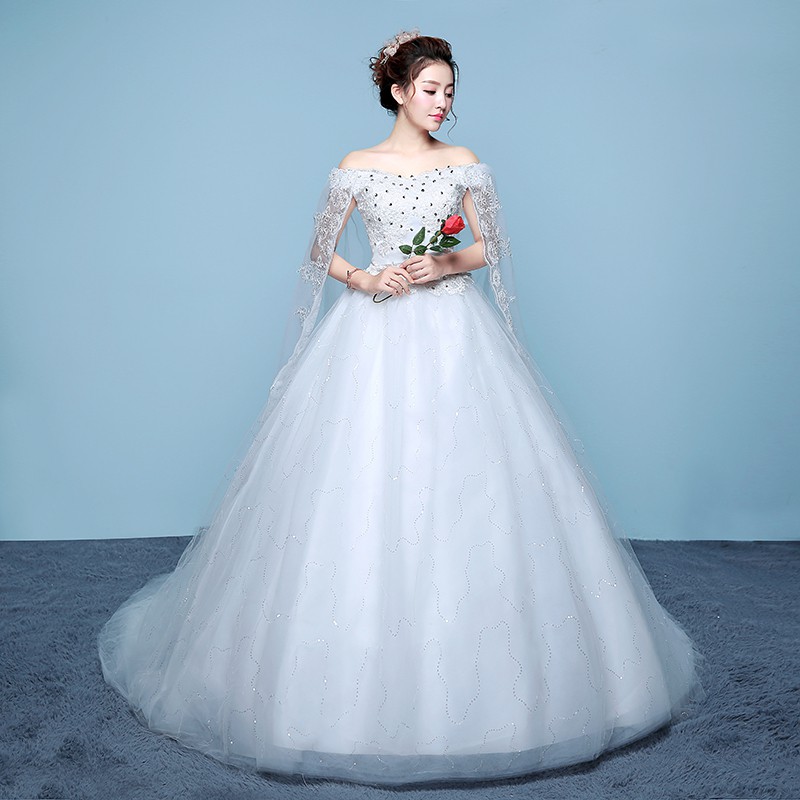 Import Wedding Dress Women Fashion Off Shoulder White and Red Long Tail Bridal Wedding Gown Dress