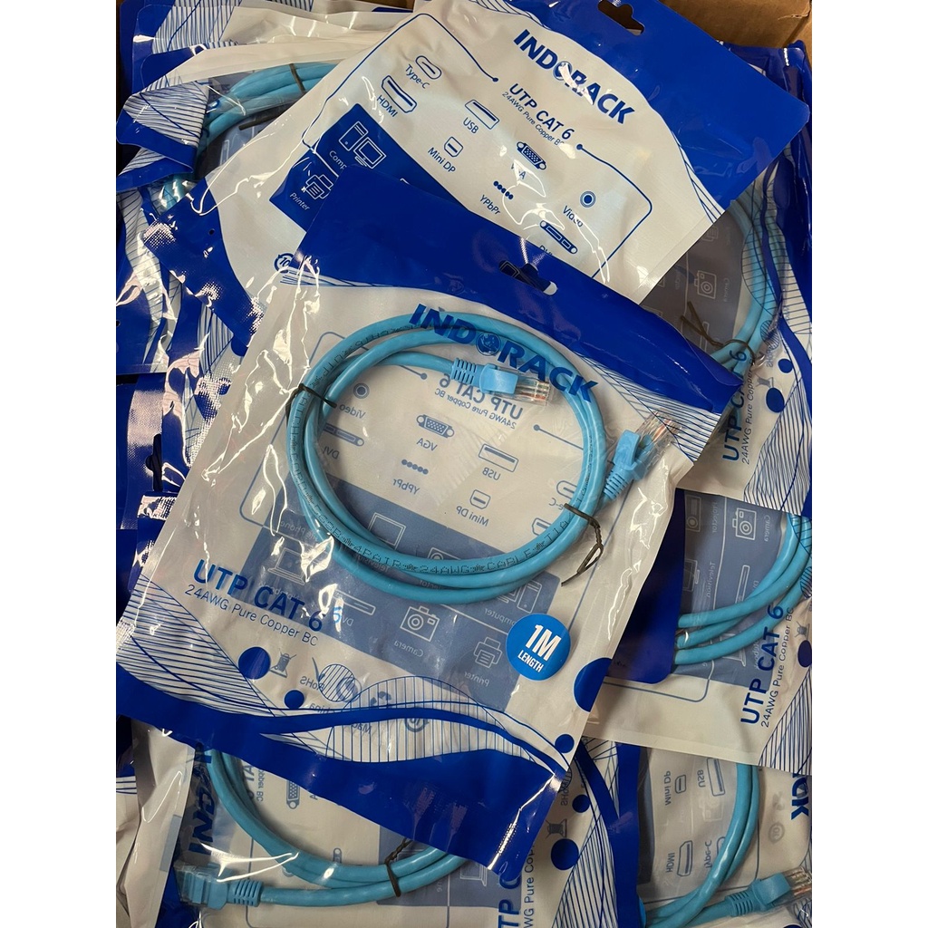 Patch Cord CAT6, 24AWG, 1 Meter Blue / White / Yellow - INDORACK 1 Meter