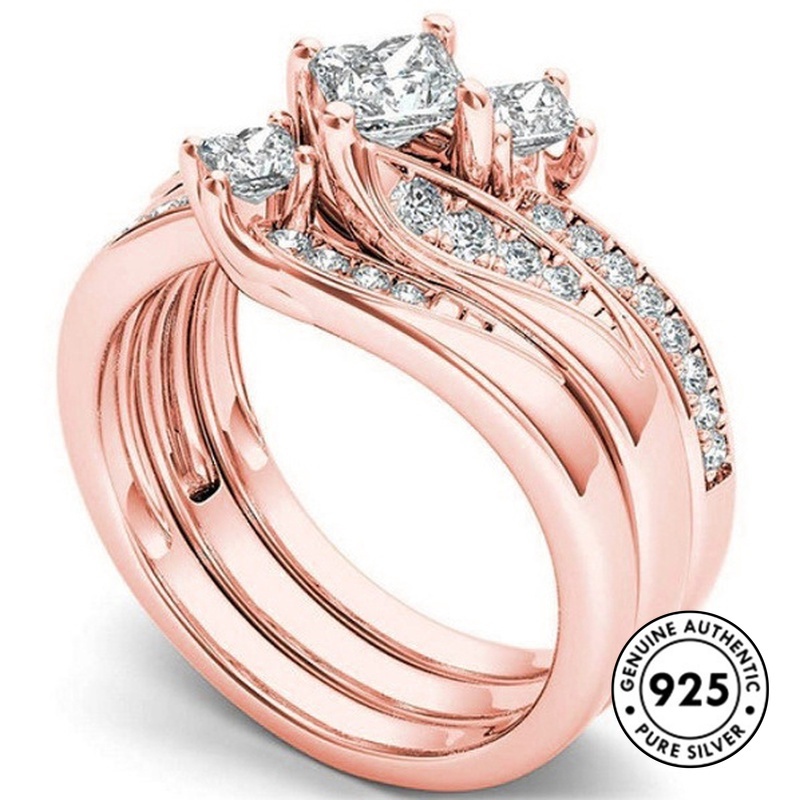 Set Cincin Berlian Lapis Emas Bahan S925 Silver