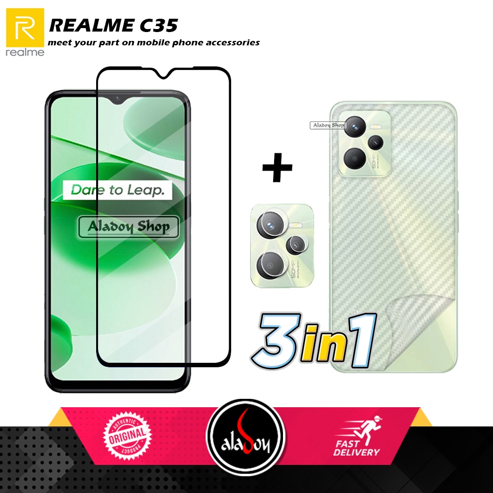 PROMO 3 IN 1 PAKET Tempered Glass Realme C35 Free Tempered Glass Camera dan Skin Carbon