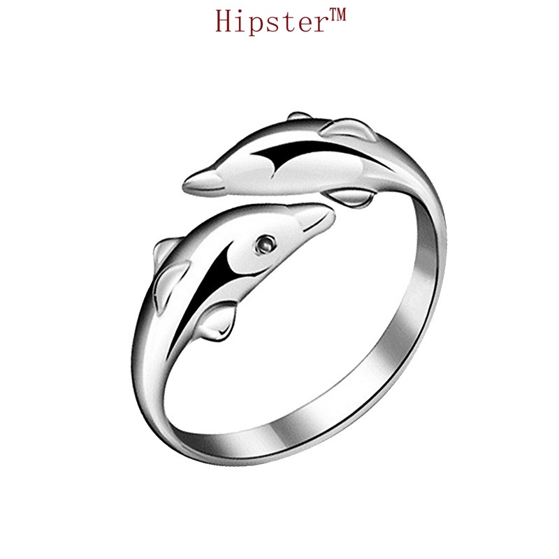 Hot Sale Best Selling Fashion Popular Happy Double Dolphin Adjustable Silver Ring