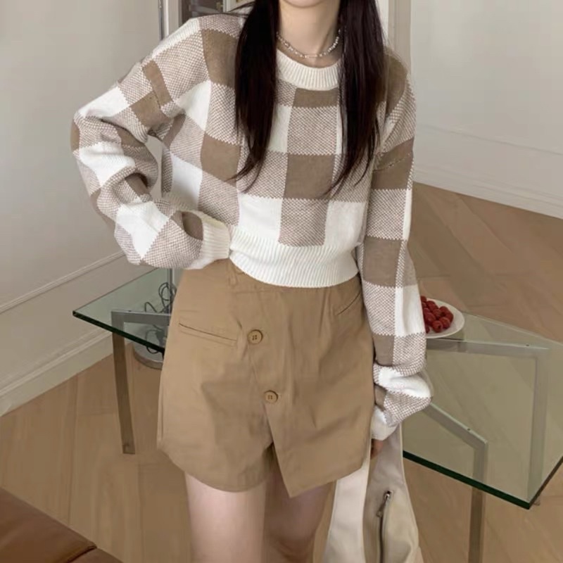 [ready stock] emerson crop sweater | atasan rajut kotak kotak plaid brown blue soft gaya korea