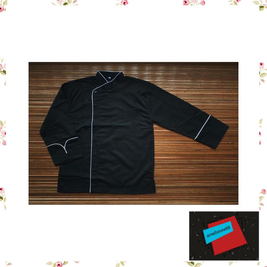 Jaket Pria parasut parka gunung Chef  Baju Koki tangan panjang, buttonless hitam KK131