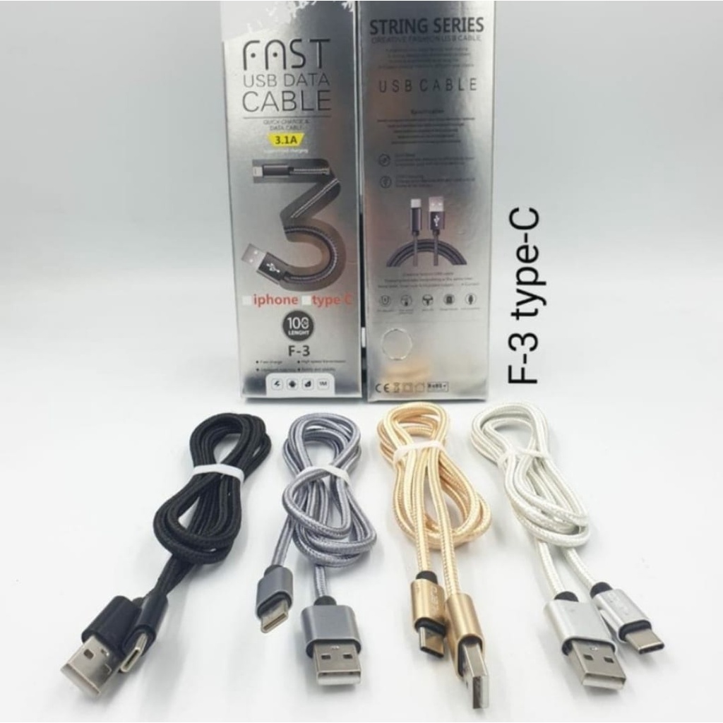 Kabel Data Fast Charging Fleco Type C 3.1A 100cm - String Seri Tali Sepatu F3 F-3 F 3