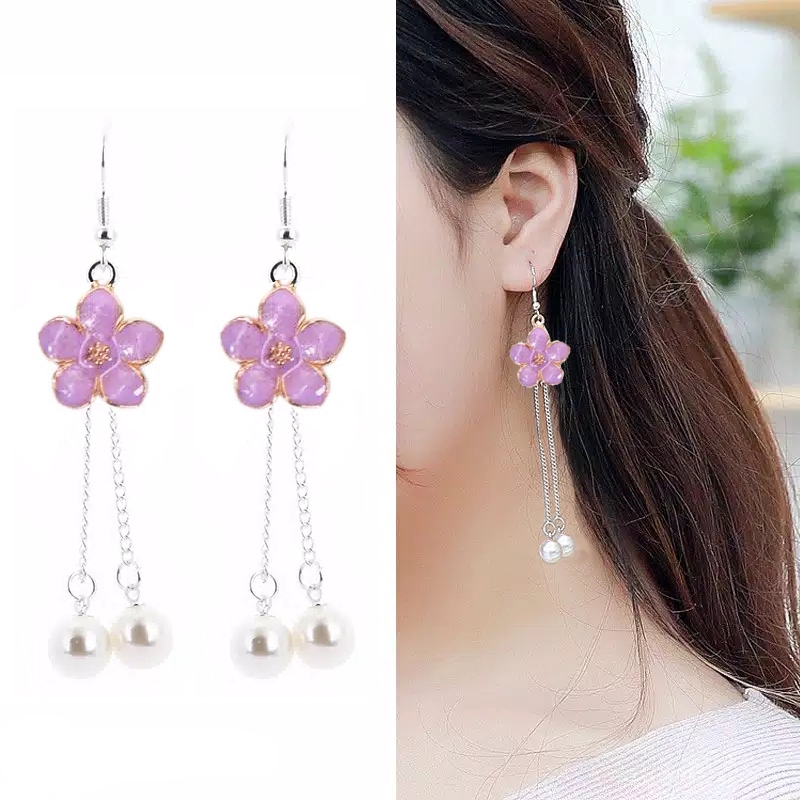 Anting Hijab Anting Hooks Style Korea Kekinian Model Bunga Kombinasi Rantai Dan Mutiara Import 419