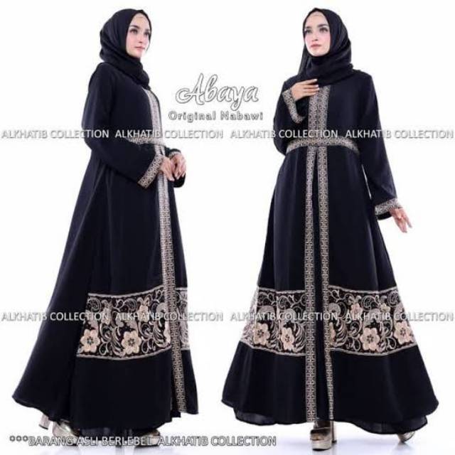 Abaya Pesta Muslimah Mewah Alkhatib Nabawi Hitam Bordir Emas Busui Dress