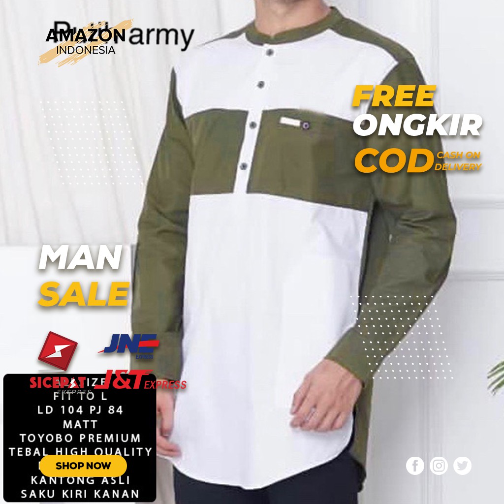 PAKAIAN MUSLIM PRIA BAJU KOKO WARNA WHITE PUTIH KOMBINASI ARMY BAHAN TOYOBO PREMIUM ORI GOOD QUALITY