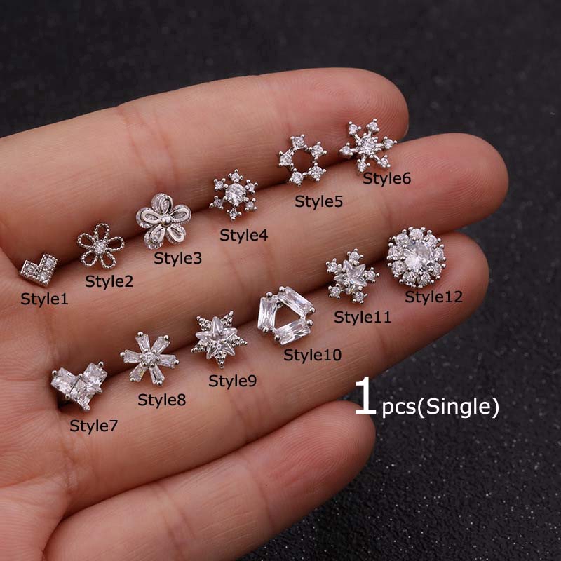 1piece Earrings Stainless Steel Zircon Stud Tragus Helix Piercing 20G 6mm Length