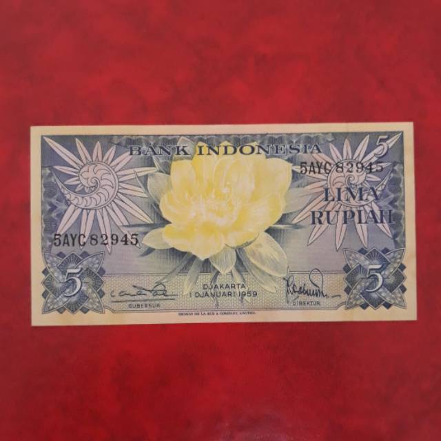 Uang Kuno Kertas Koleksi Mahar Lokal : Indonesia - 5 Rupiah 1959