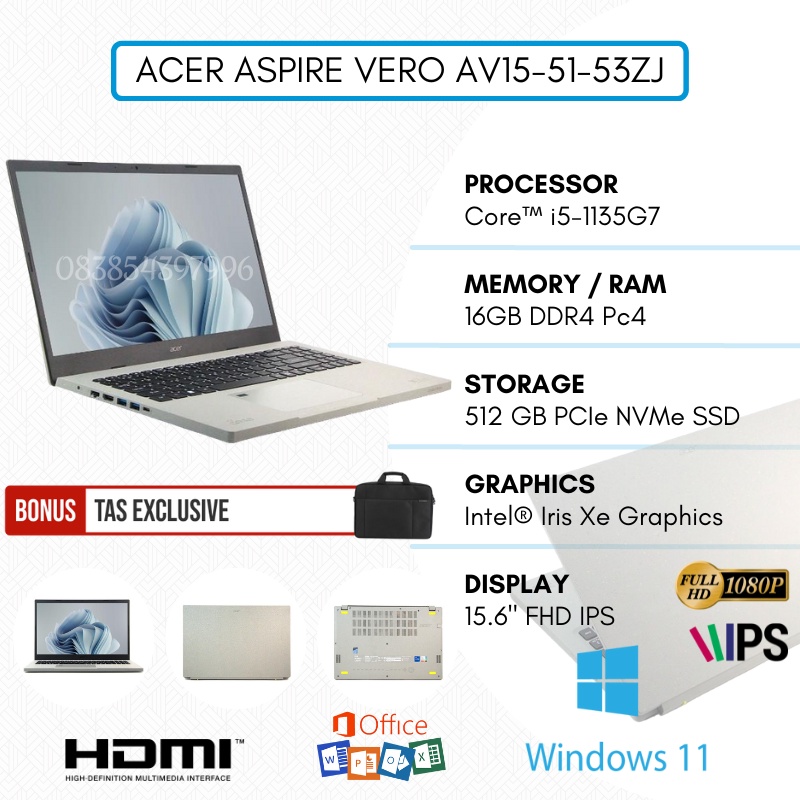 [NEW ITEM] LAPTOP DESAIN ACER ASPIRE VERO AV15-51-53ZJ CORE I5-1135G7 RAM 16GB SSD 512GB 15.6&quot; IPS FHD WINDOWS 11 ORI