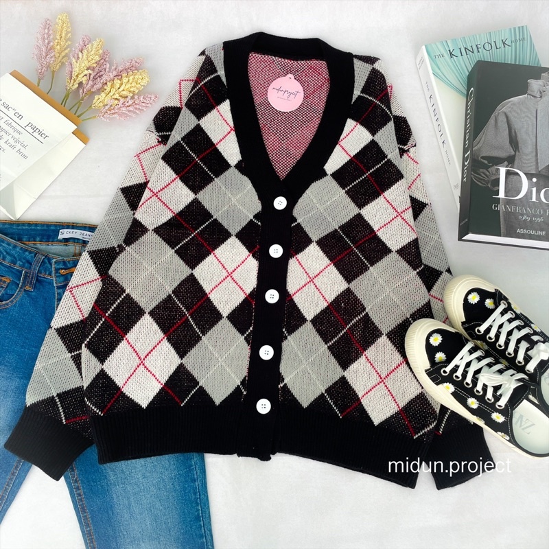 CATRINE CARDY | CARDIGAN MOTIF ALA TAEHYUNG | KNITWEAR MOTIF KOTA KOTAK OVERSIZE