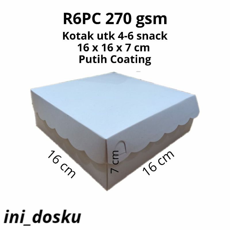 

KOTAK KUE / DOS SNACK / DUS / SNACK BOX R6 270gsm 16x16x7cm. PUTIH. PEMBELIAN MINIM 25 LBR