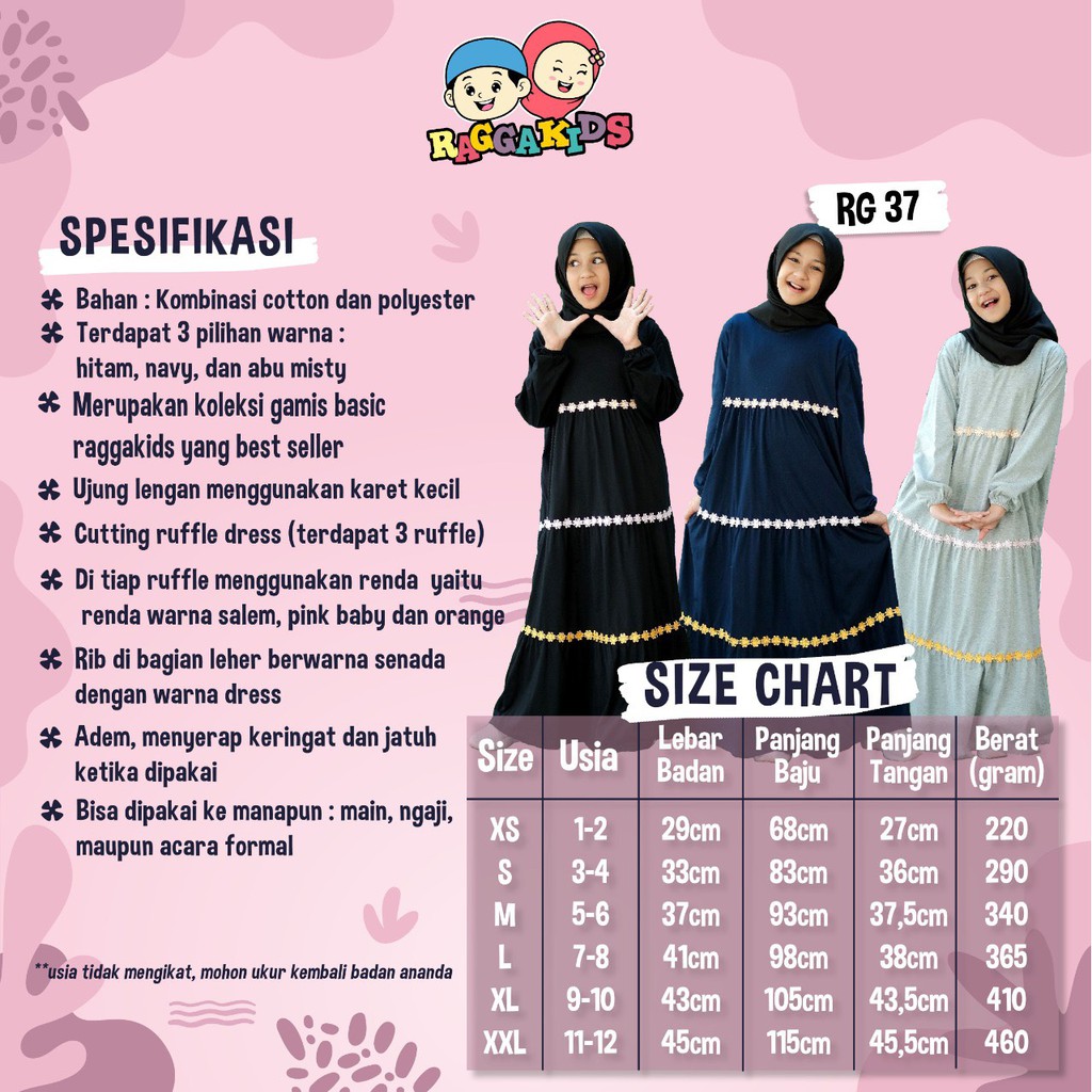 Gamis Anak Perempuan Remaja Tanggung Dewasa Couple Terbaru Branded Bahan Kaos Nyaman Adem Raggakids RG 37