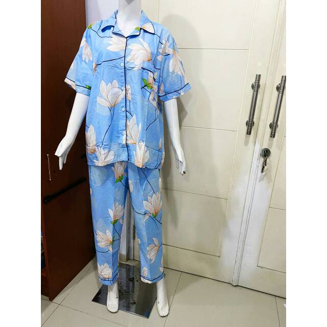 Piyama set celana panjang biru langit motif