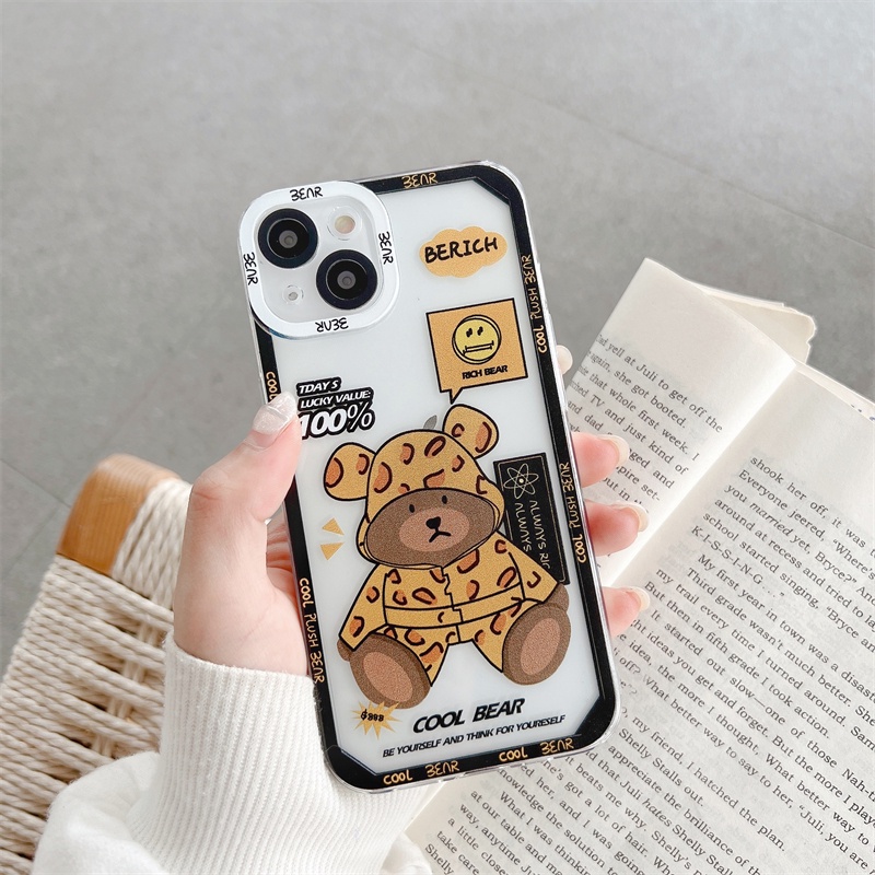 Case Pelindung Lensa Tahan Jatuh Motif Leopard Beruang Hijau Untuk iPhone 11 12 13 Pro MAX X XR XSMAX 7 8 Plus