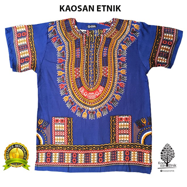 Kaos Etnik Dashiki Bohemian Style All Size Pria Wanita -  Biru