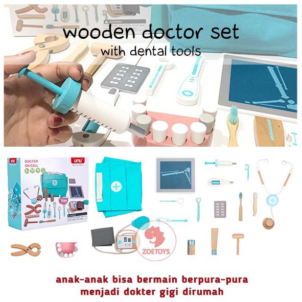 Zoetoys Wooden Doctor Set With Dental Tools A B  | Medical Set Kit Dokter Gigi Dentist Pretend Play Toys | Mainan Red blue Dokter Dokteran umu | Cari Kado Natal