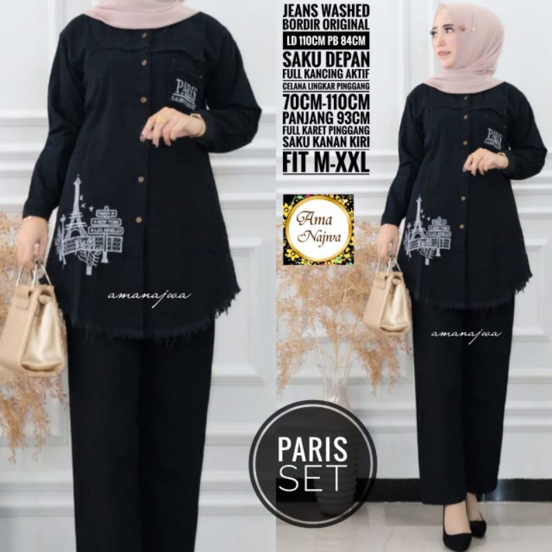 Paris One Set Setelan Celana Kulot Tunik Polos Hitam Jeans Bordir Asli Rawis Ld 110 Jumbo Fit XXL Bu