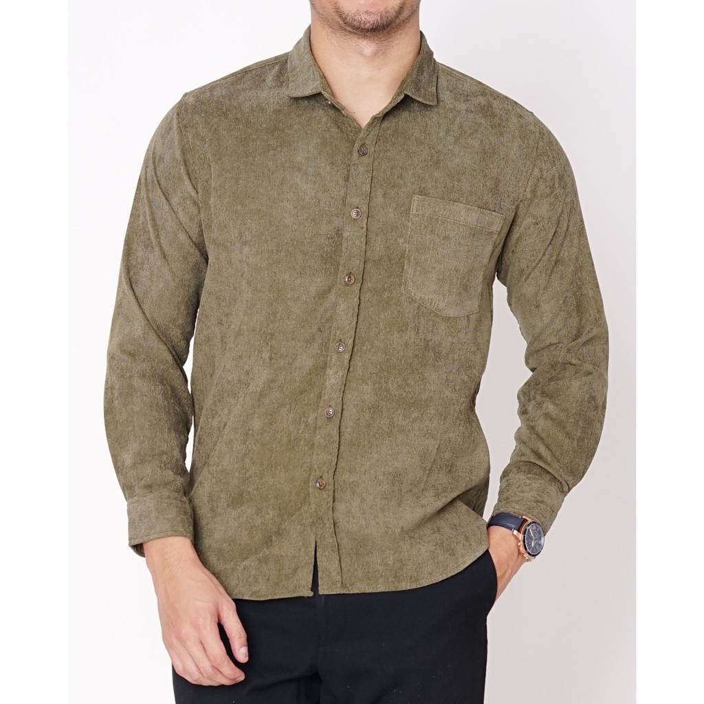 

Dancus - Kemeja Polos Premium Tangan Panjang Pria Warna Hijau Army M-XXL Bahan Corduroy