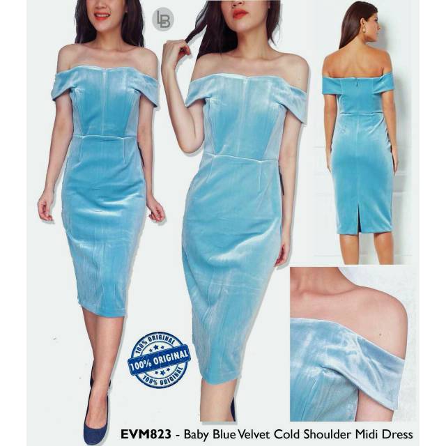 Eva mendes babyblue velvet midi dress mewah