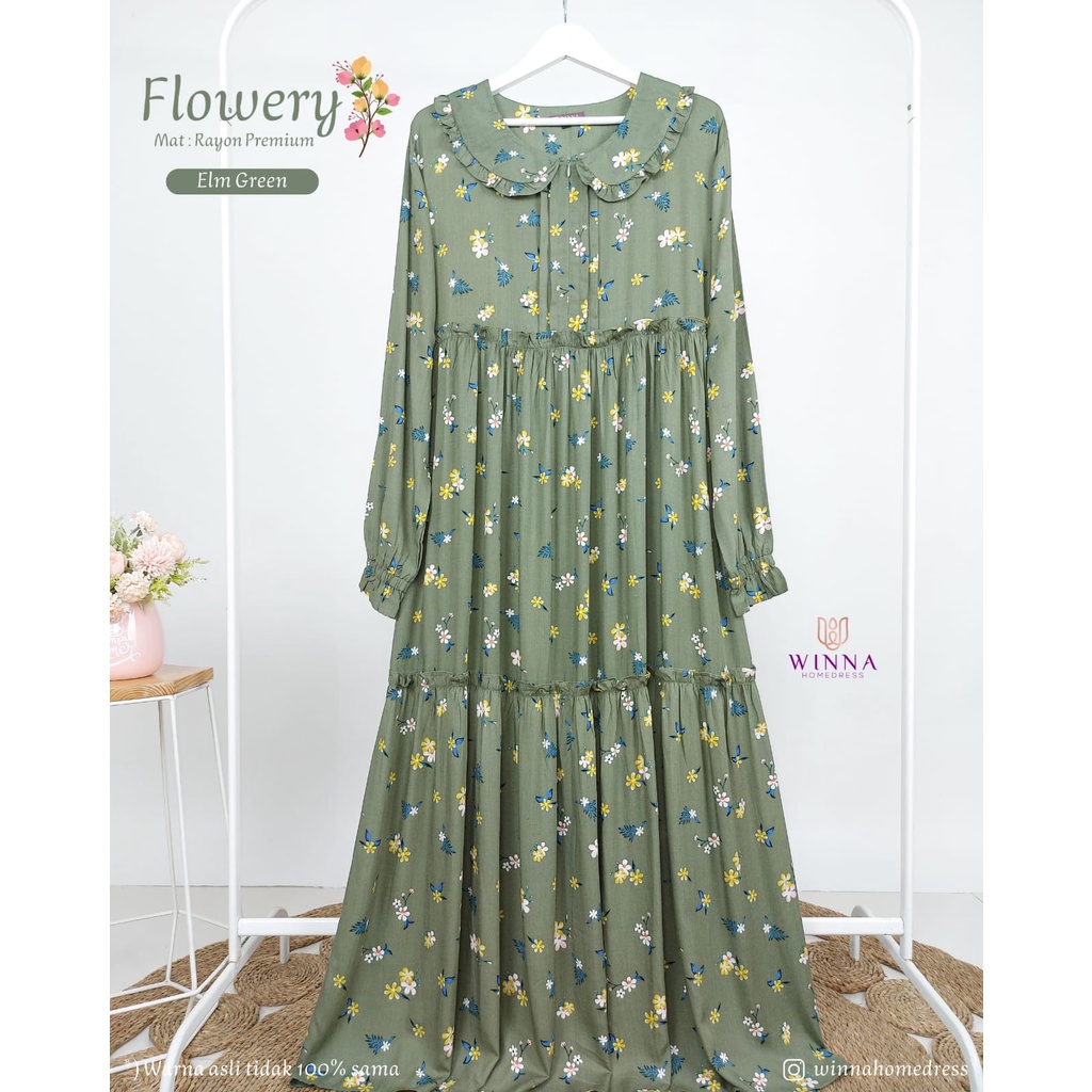 FLOWERYHOME DRESS by WINA klambieakhwat | daily dress | baju rumahan | gamis daily | gamis motif | daster motif | home dress motif | gamis busui | gamis bunga | home dress rayon | daster rayon | gamis syari | dress menyusui