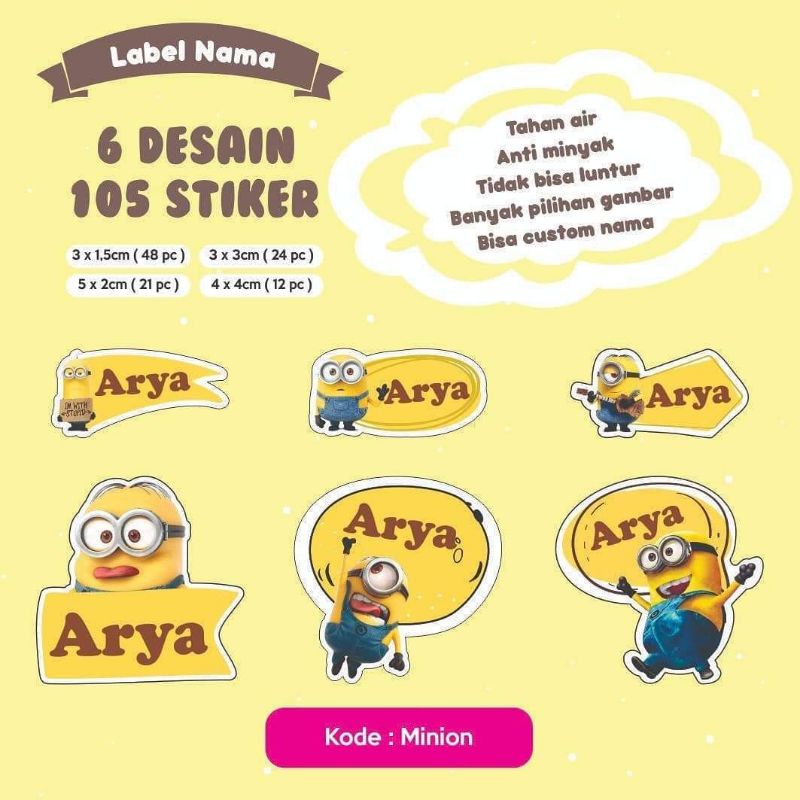 

Stiker nama minion waterproof anak custom murah