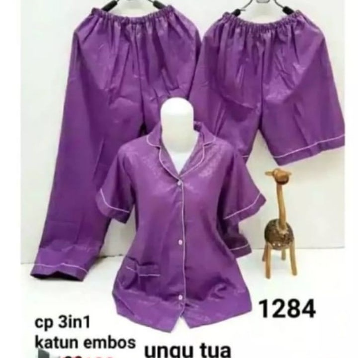 CIAHAW Baju Tidur Piyama Wanita Cewek Panjasmas Dewasa Katun Motif 3 in1 Embos