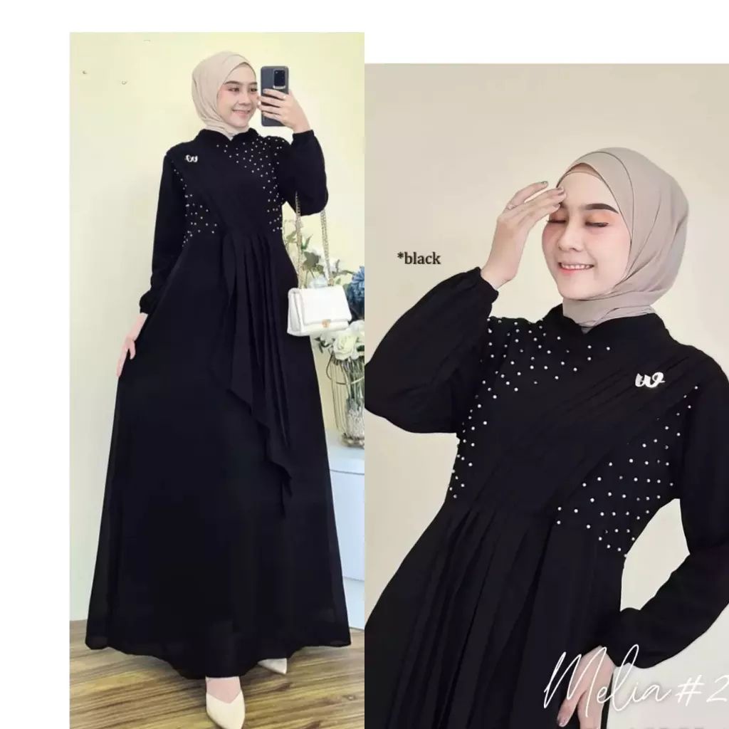 Melia Dress / Gamis Wanita Murah Bahan Ceruty Babydoll Aplikasi Mutiara / Fashion Muslimah Cewek Dewasa / GOM