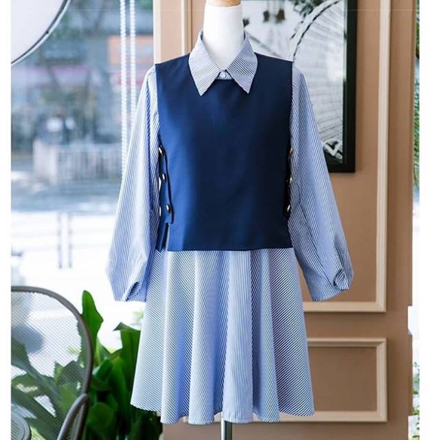 DS05 BLANCHE SET DRESS BLUE/ BAJU TERUSAN KEMEJA KERJA FORMAL WANITA IMPORT HONGKONG BANGKOK KOREA