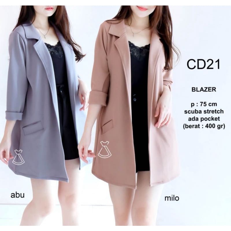 Blazer Kasual Lengan Panjang Model Longgar Warna Solid Gaya Korea Bahan Scubba